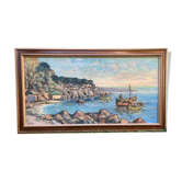 Tableau, Marine bateaux et côte rocheuse en Méditerranée