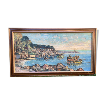 Tableau, Marine bateaux et côte rocheuse en Méditerranée