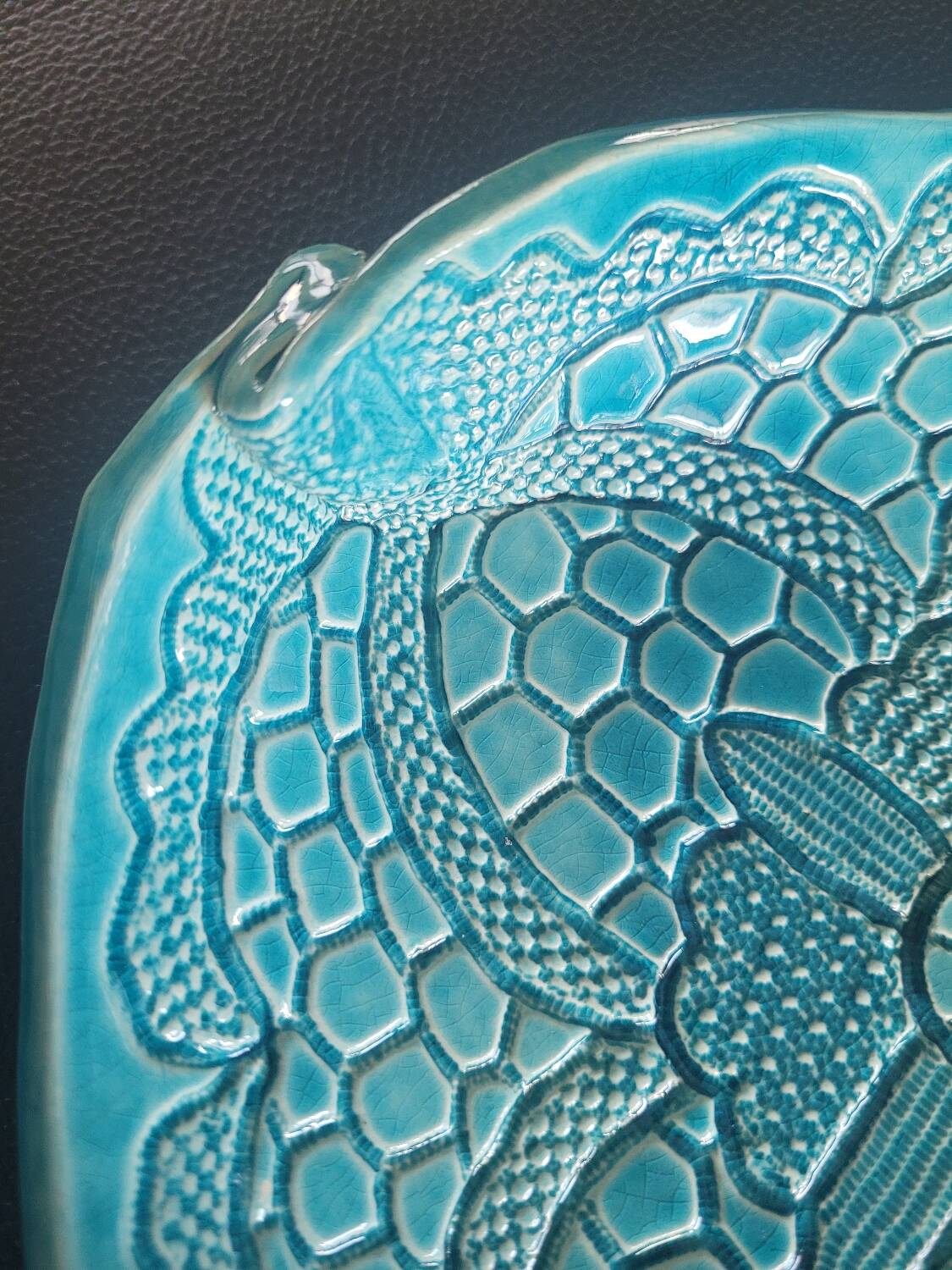 Signed turquoise enameled ceramic pocket tray