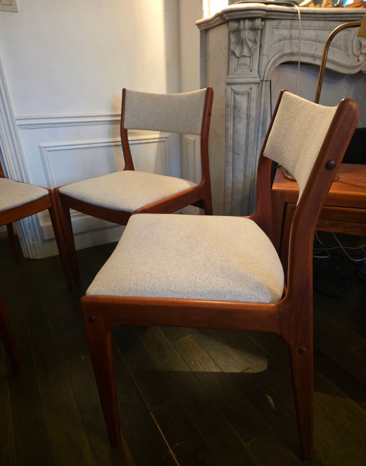 Set of 4 vintage teak and beige tweed chairs by Johannes Anderse