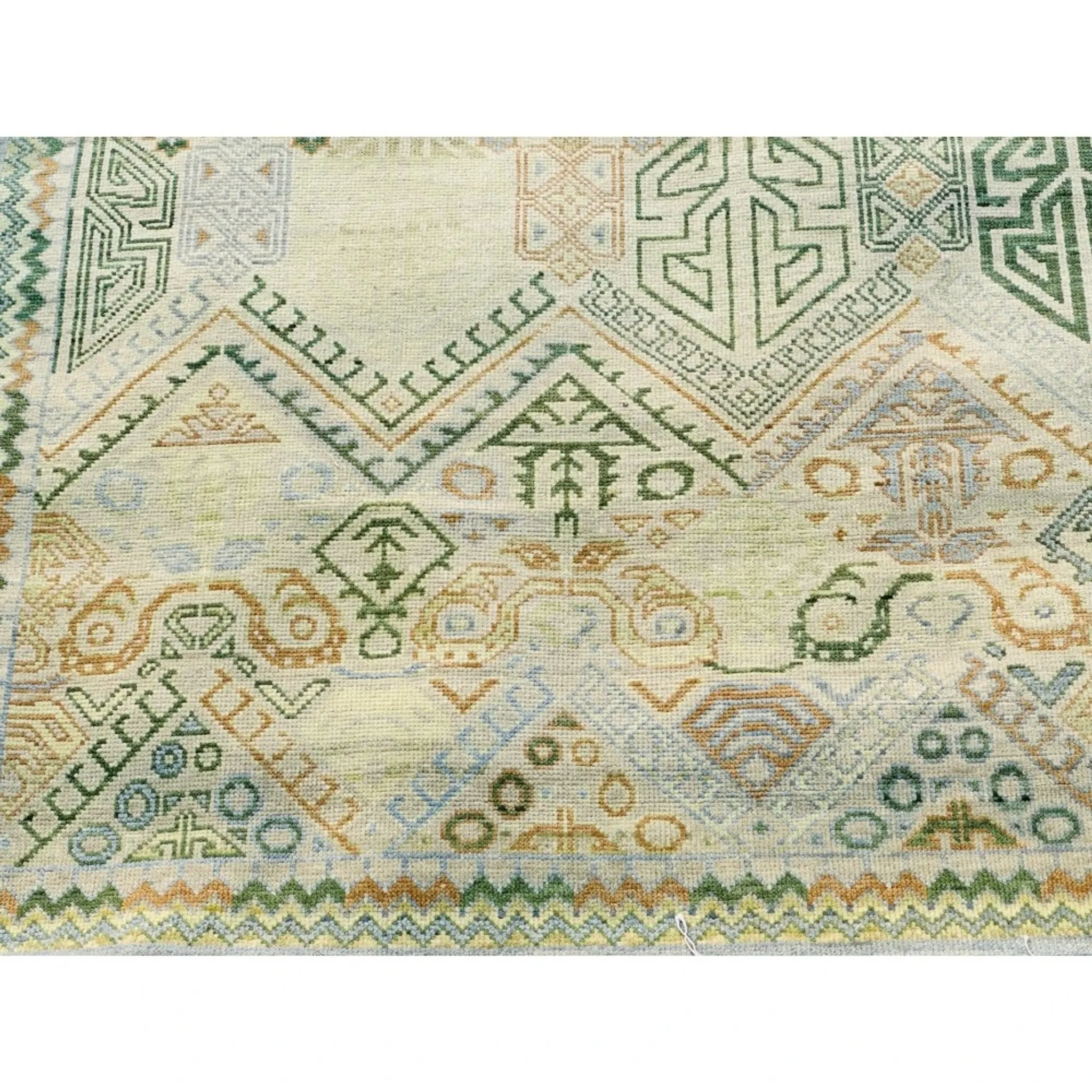 Hand-Knotted Wool Area Rug, Oushak Ivory Sage Green Design Carpet for Living Room