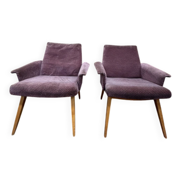 Paire de fauteuils lounge – Époque 1950/60 – Karl Laible – Chêne et velours