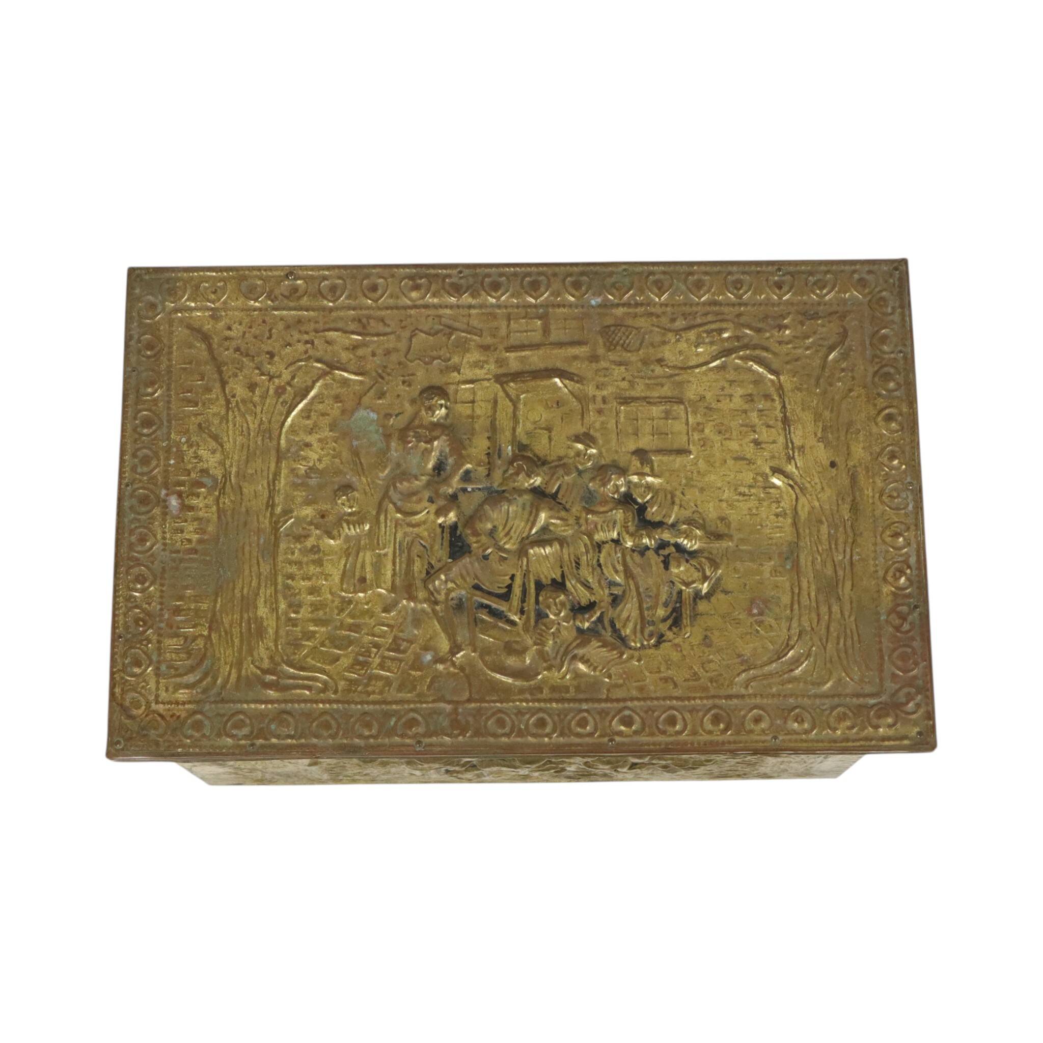 Large Repoussé Chest Coal Fireplace Brass Wood Early 20th Century