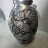 Art Deco vase in repoussé tin Signed Houzeaux Floral decoration 30 cm