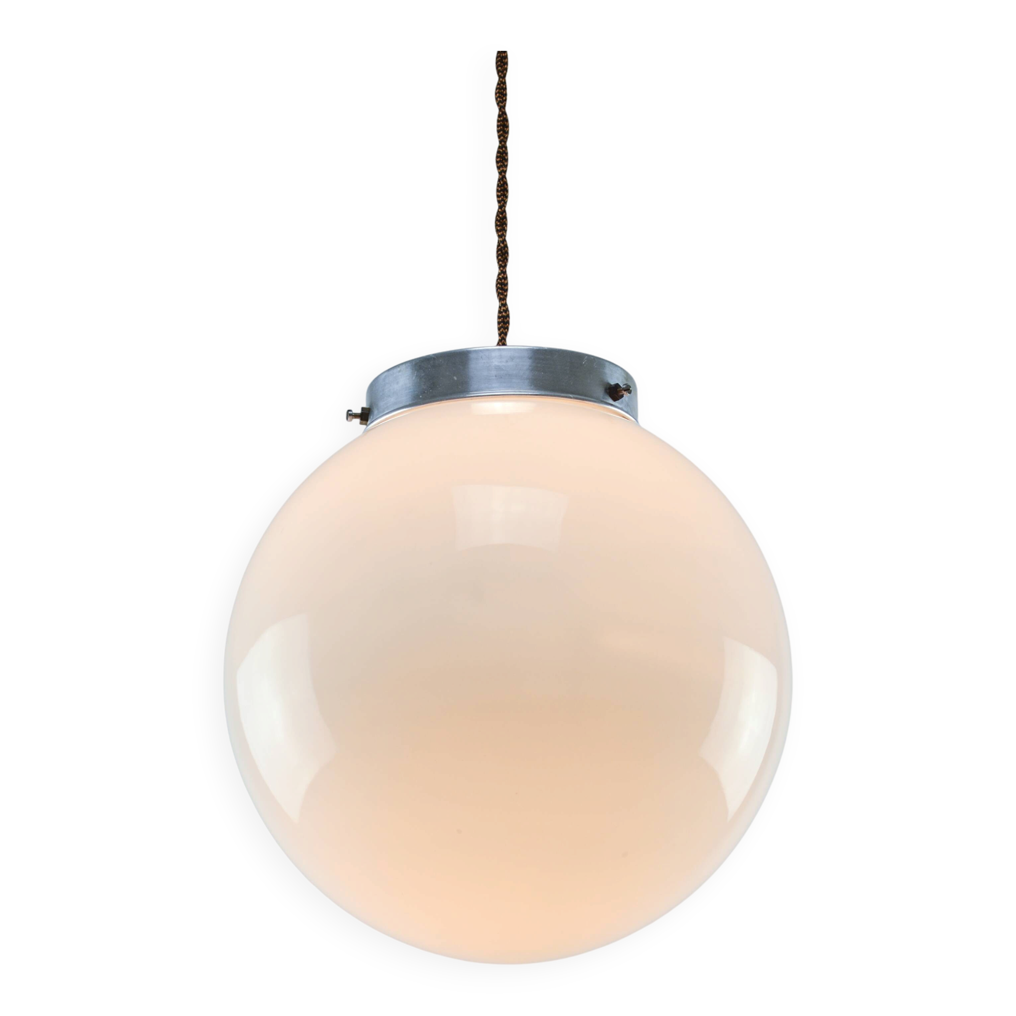 Mid-Century Opaline & Metal Sphere Pendant Lamp