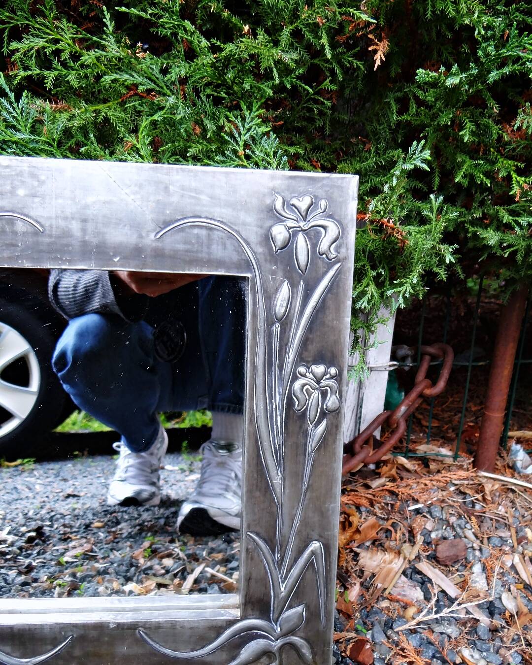 Vintage 70s Art Nouveau style hand-embossed tin wall mirror