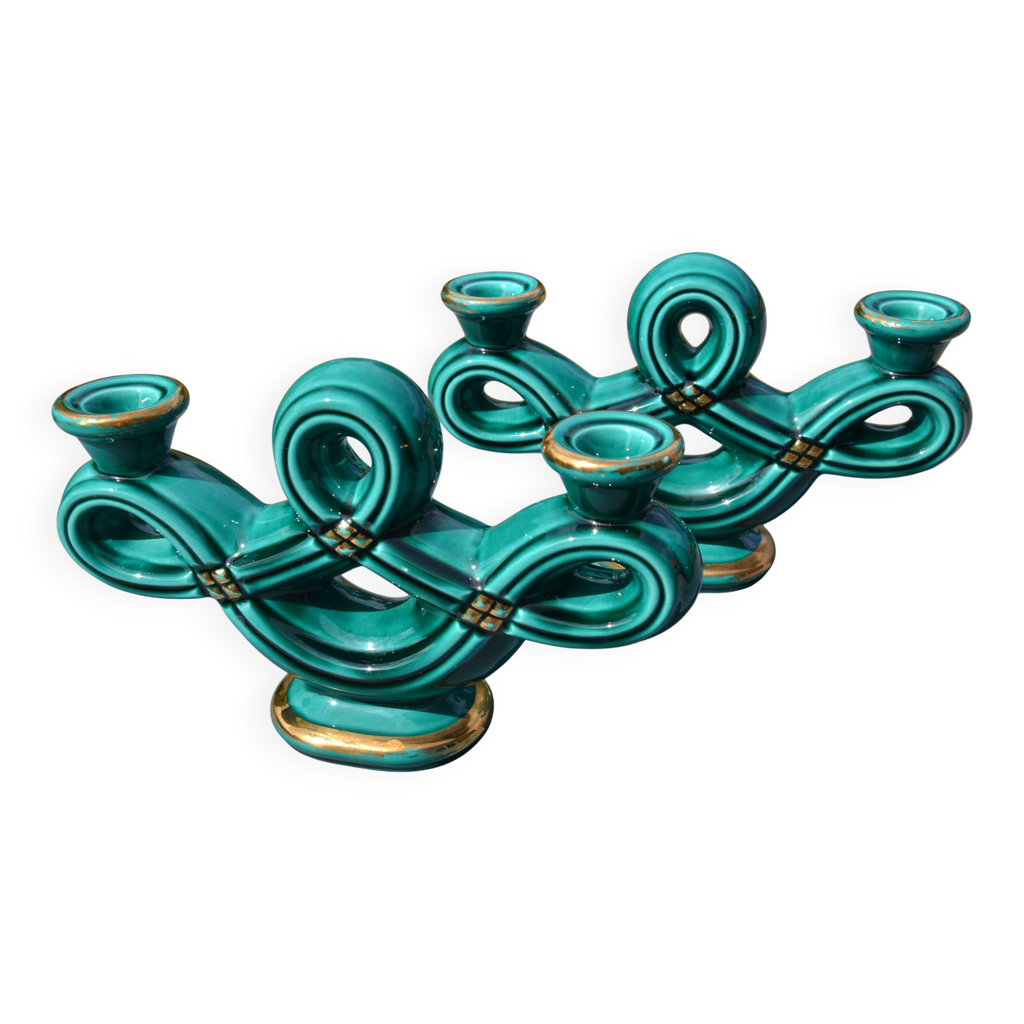 Two green ceramic candlesticks from the 1930s-1940s.