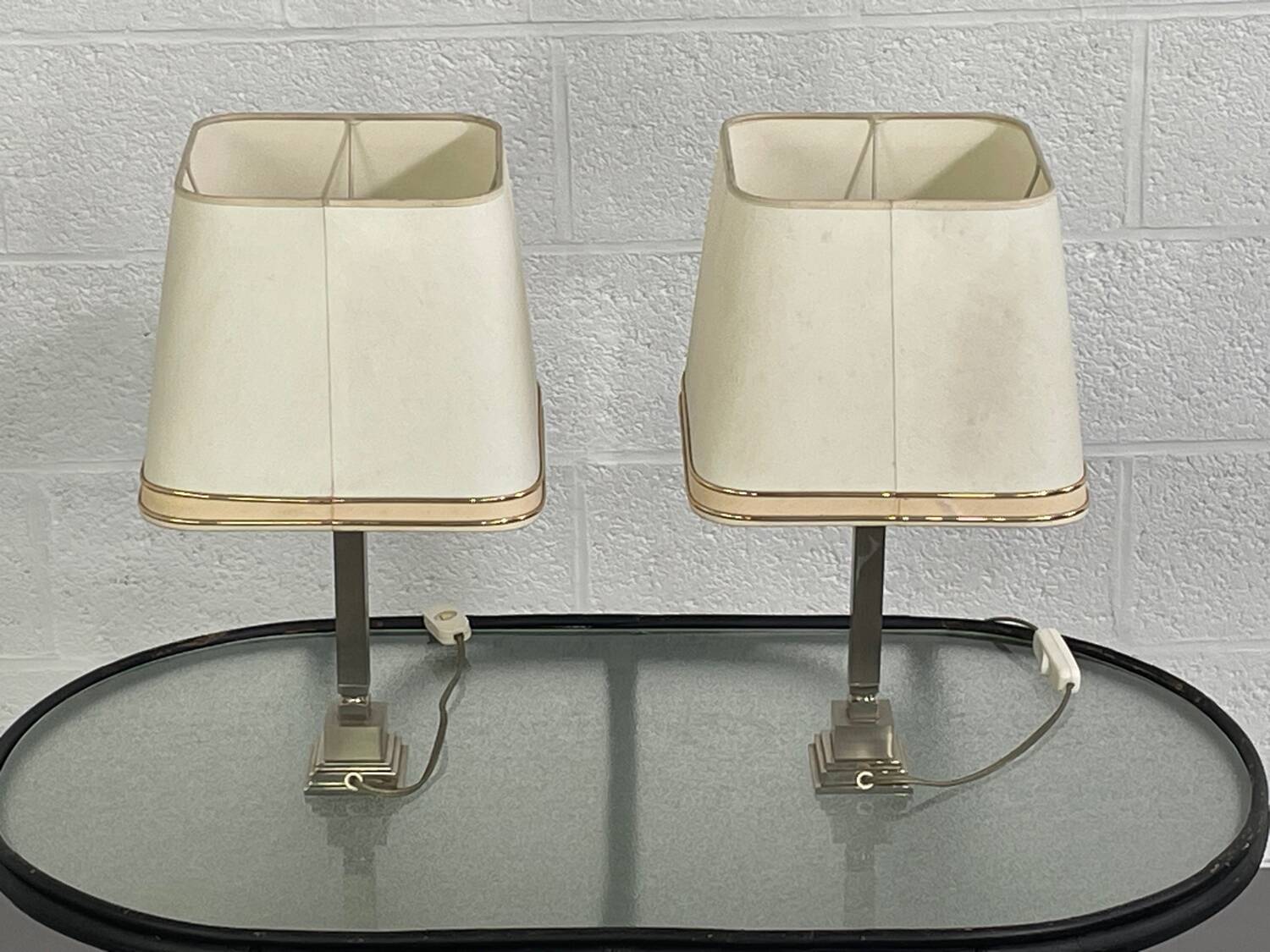 Pair of chrome and brushed metal lamps