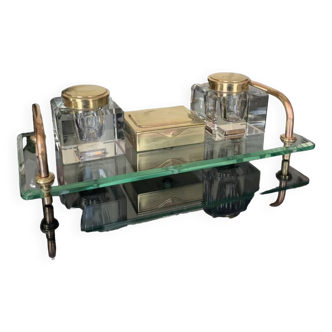 Art Deco Modernist Inkwell in Crystal and Brass - Office Decoration Accessories