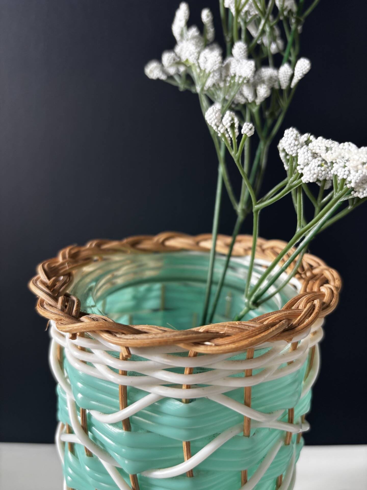 Vintage celadon green scoubidou vase with rattan — 1960s-70s