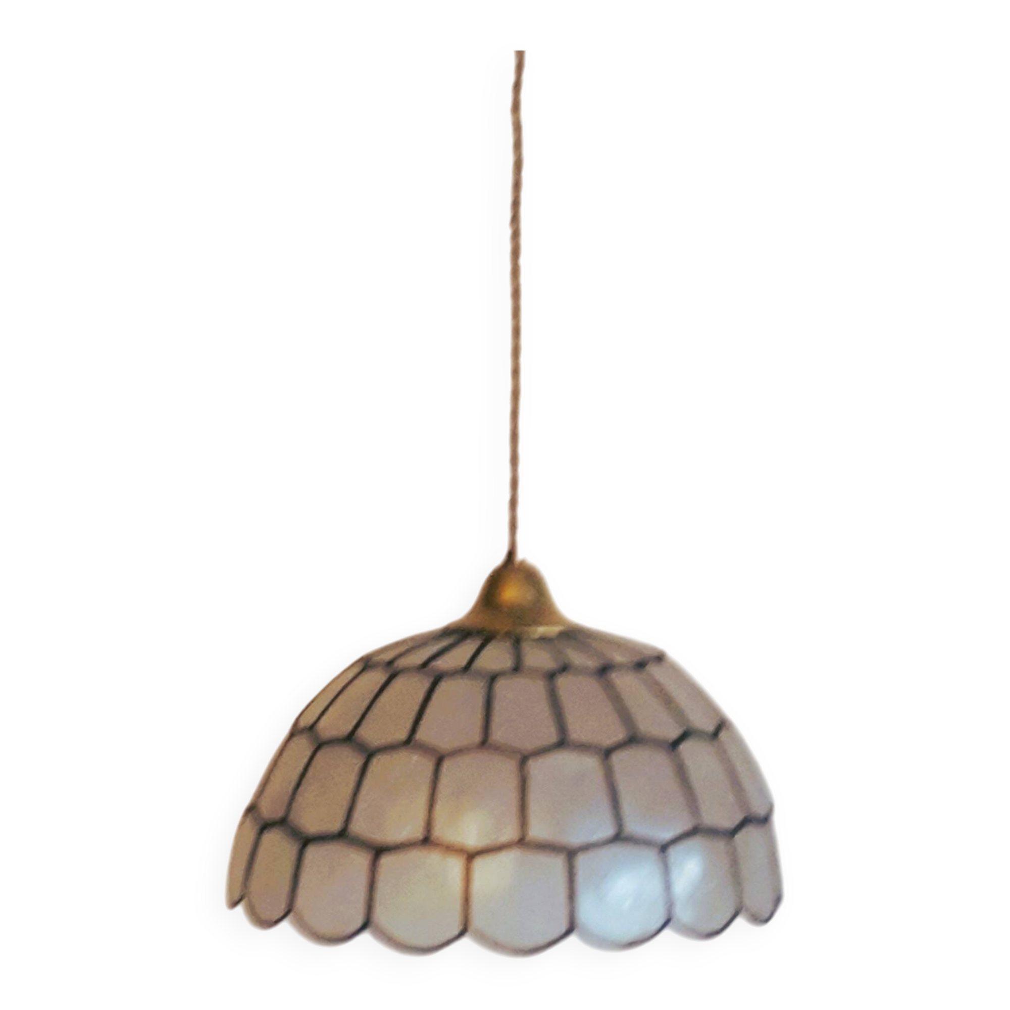 Belle suspension en nacre et laiton de style Tiffany. D:35 cm H25 cm- Fil