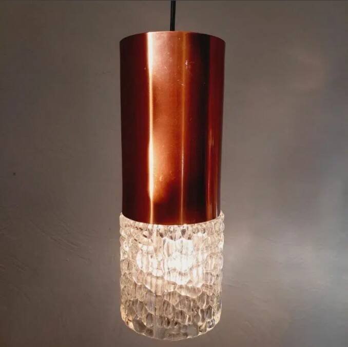 three vintage pendant lamps, copper, aluminum and glass.