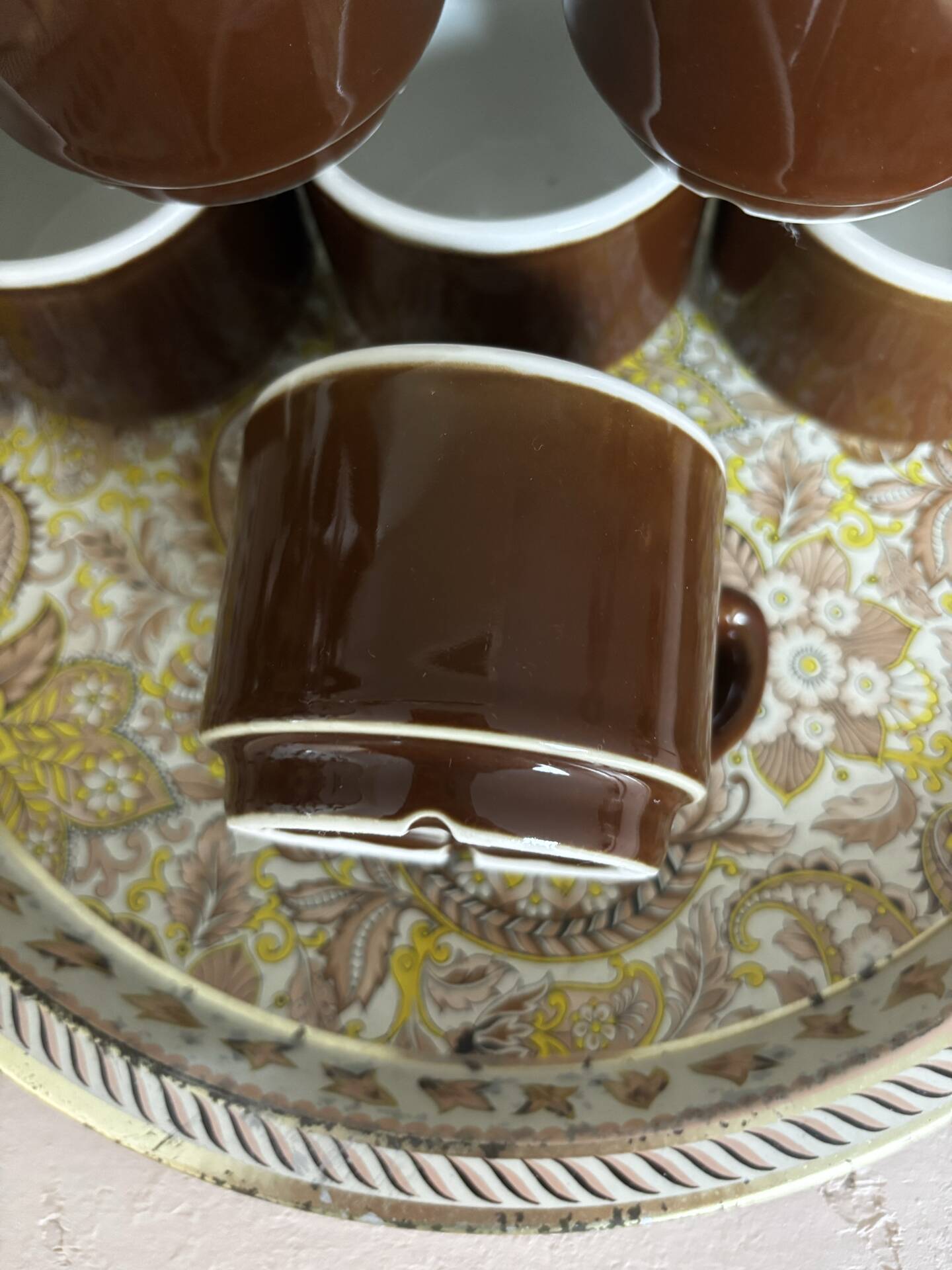 Set of 6 vintage brown glazed bistro coffee cups.
