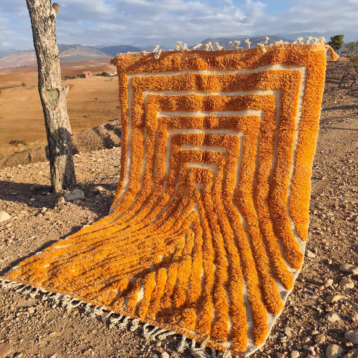 Modern peach orange blessed ouarain Berber rug