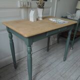 Table, desk Smoked green base, wooden top.