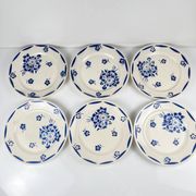 Set of 6 dessert plates, semi-porcelain Badonviller, blue flower pattern, early 20th century.