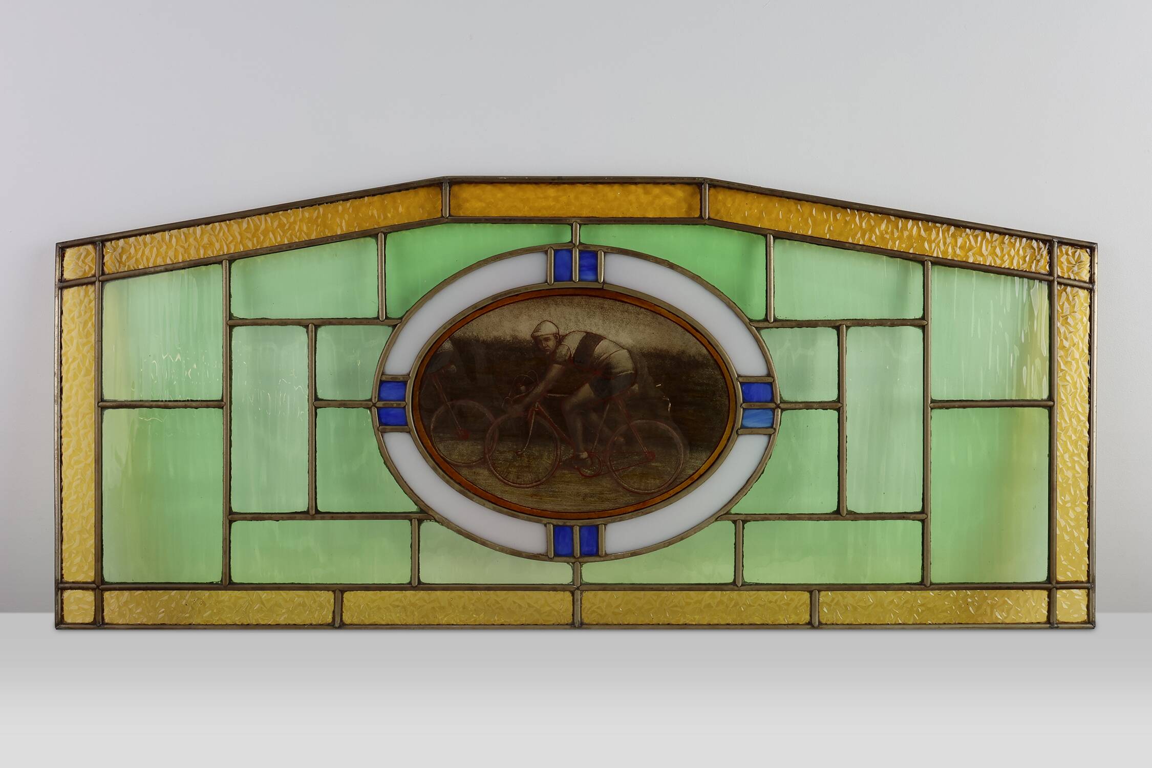 Art Deco Stained Glass Panel Depicting Cyclists in Motion, Belgium ca. 1910