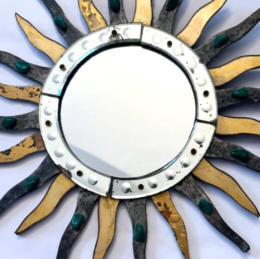 Sun-shaped mirror, wooden frame, circa 1980.