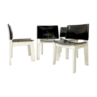 Set of 4 Mid Century Black & White Wooden Leather Chairs