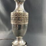 Large Louis XVI style silver metal lamp base on green marble base