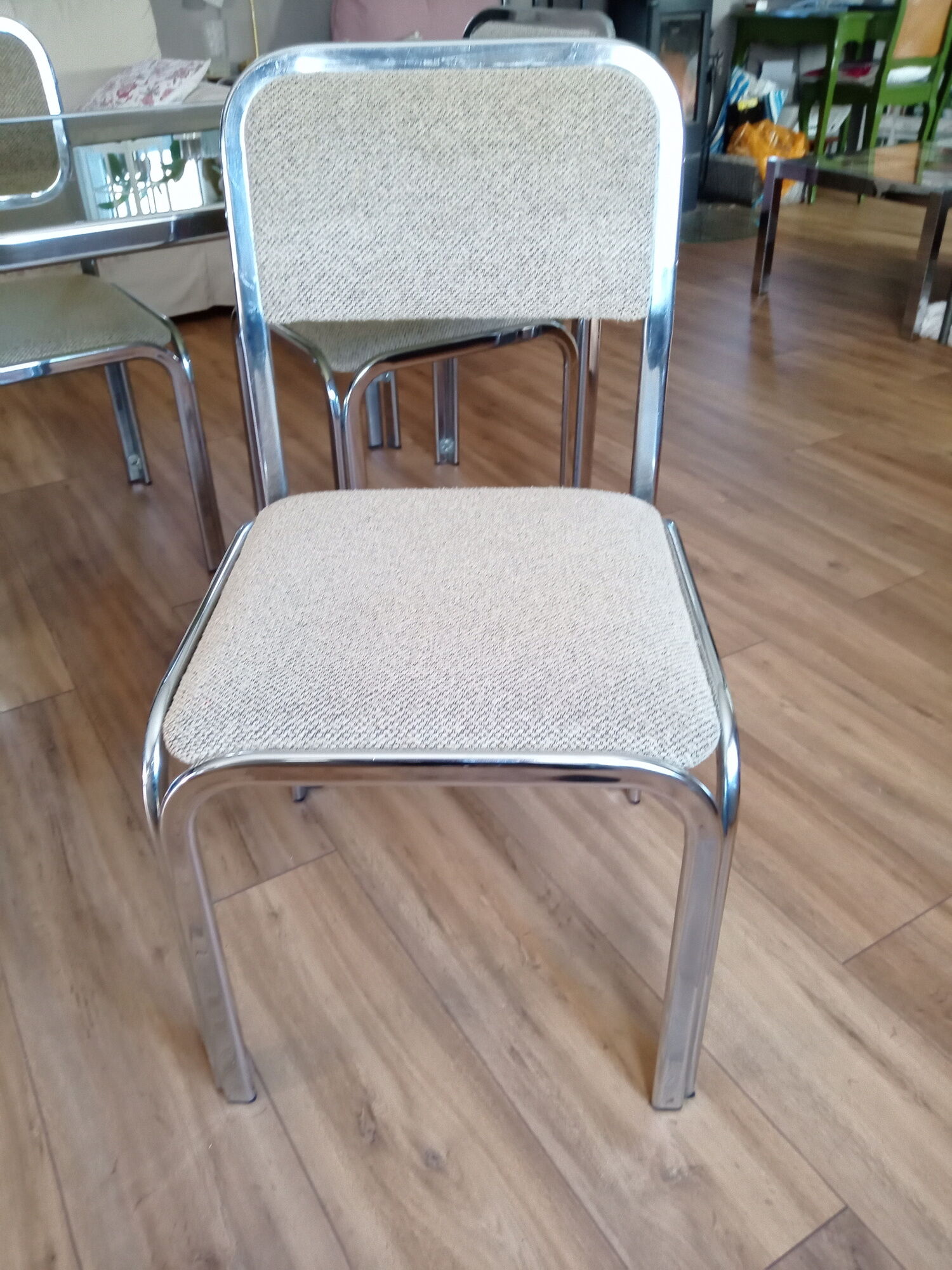 Table and 4 70s chairs chrome base and smoked glass tray chairs green water fabric