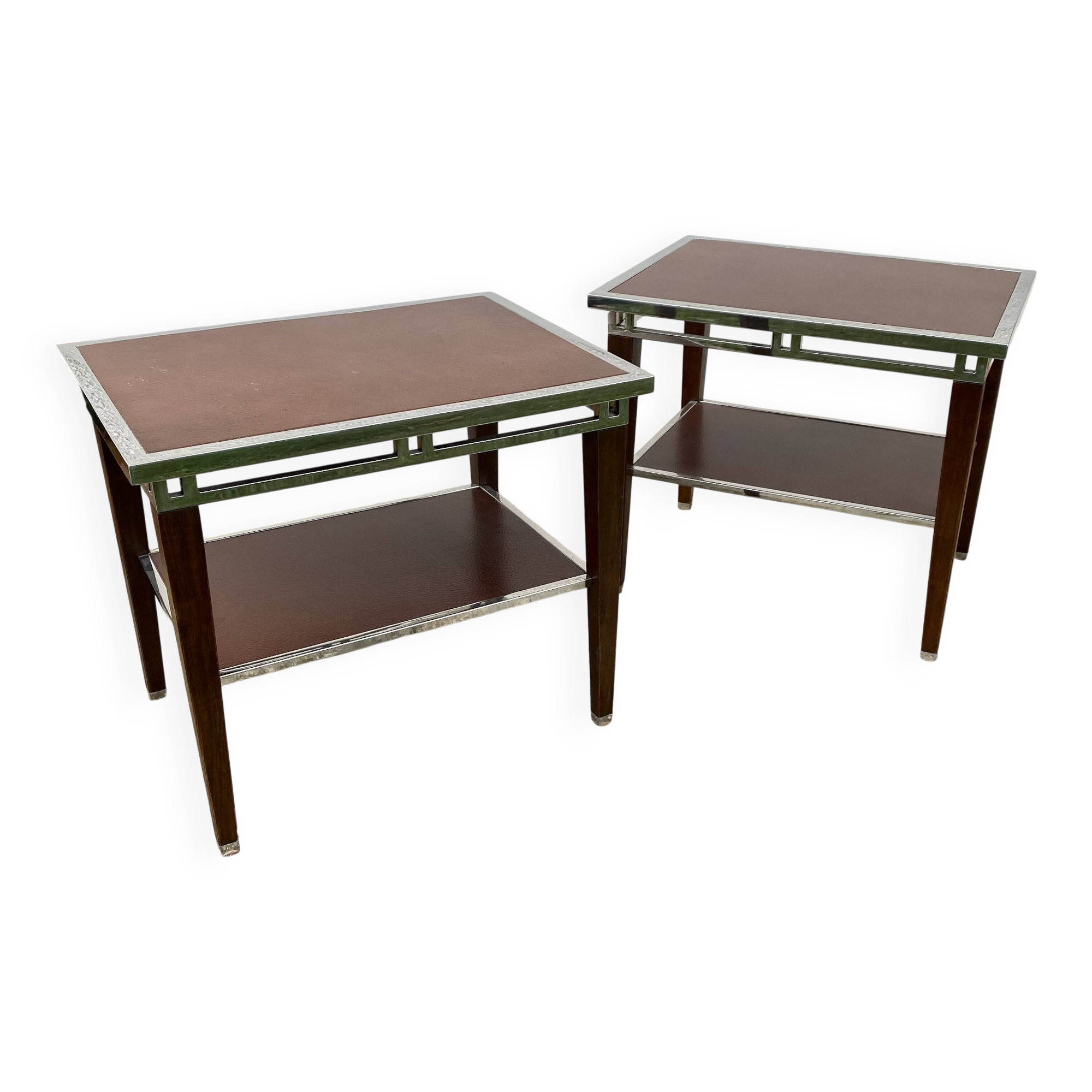 Pair of modernist chrome, leather and wood side tables