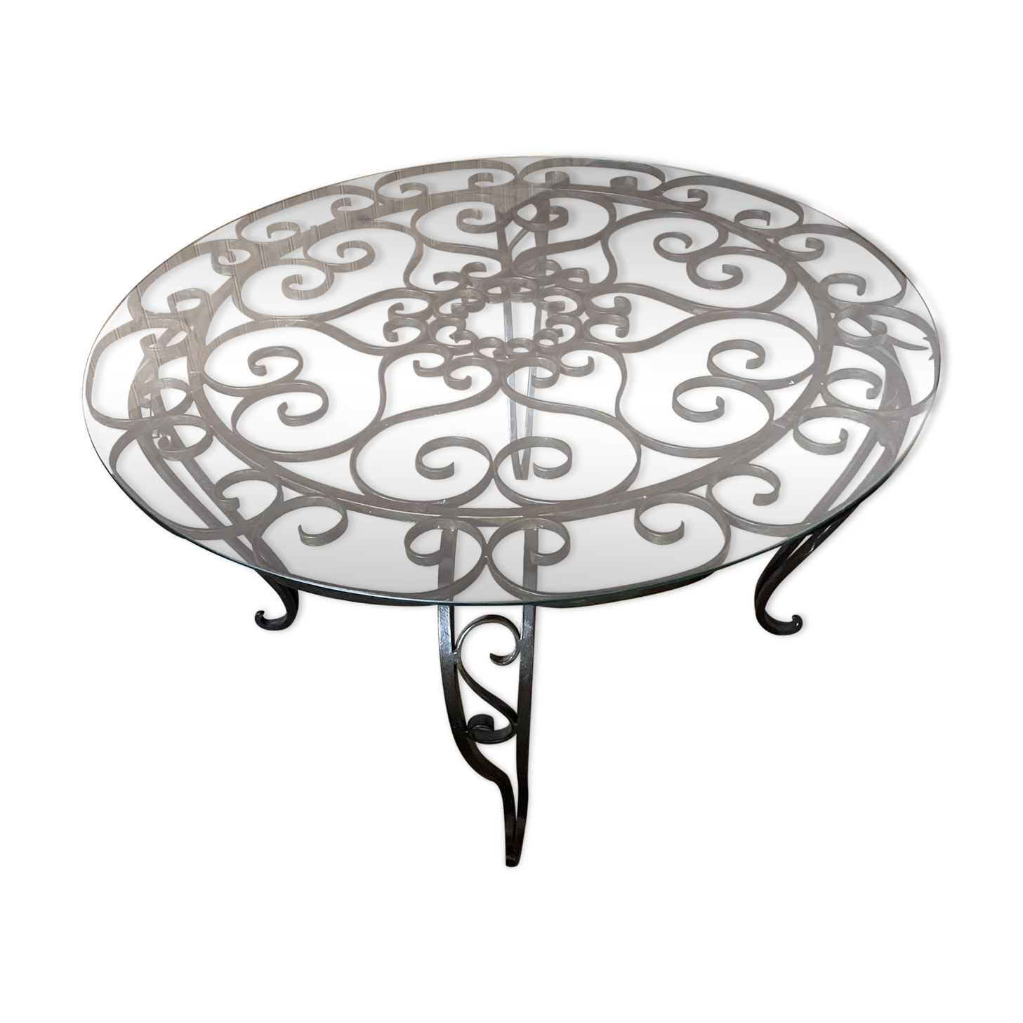 Table basse ronde fer forgé noir et verre