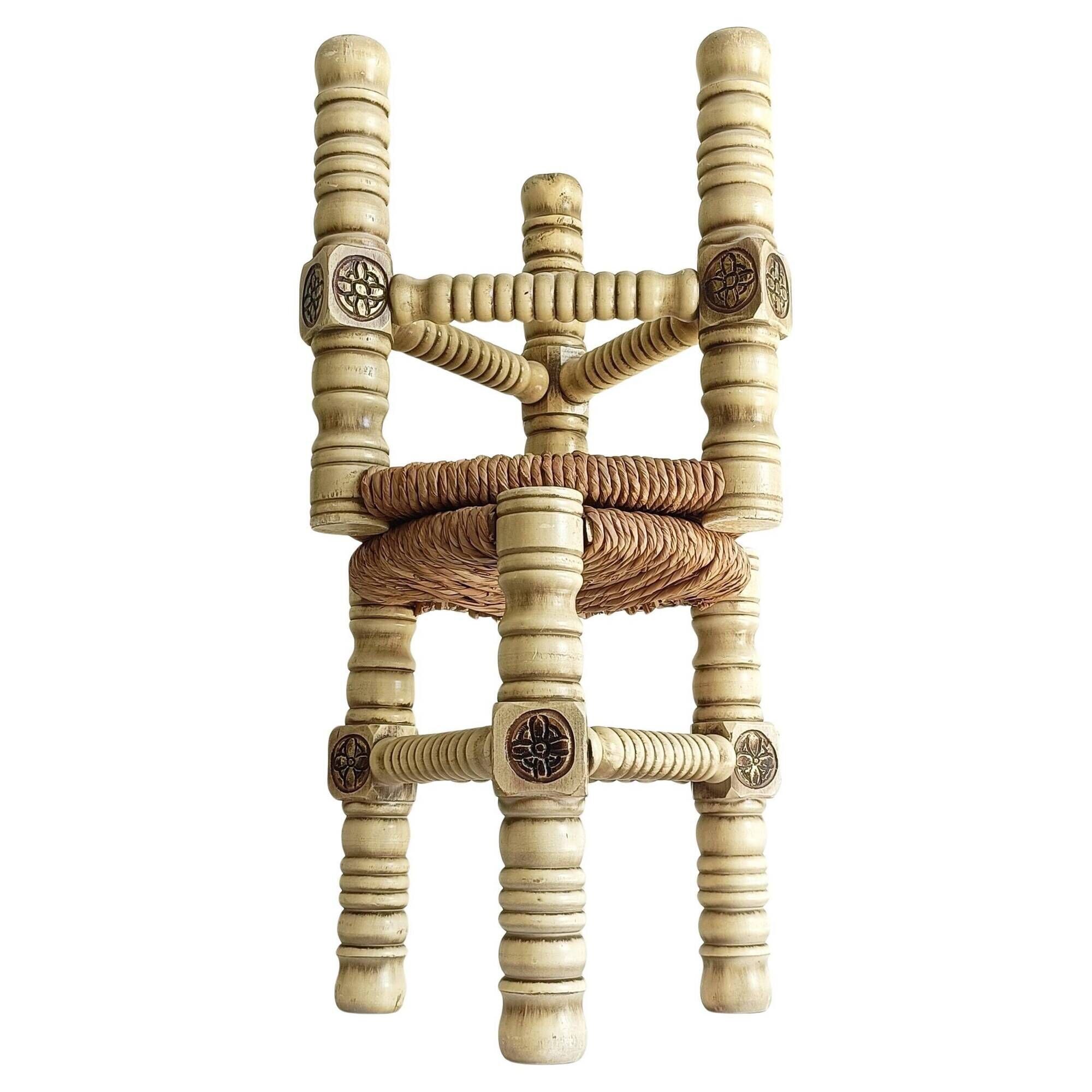 Brutalist Hand-Carved Wood and Fiber Stools, Belgium, Circa 1960s
