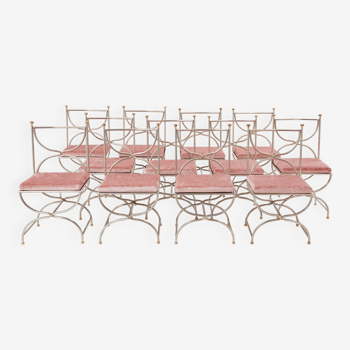 Rare set de 12 chaises acier laiton velours rose 1960 Maison Jansen
