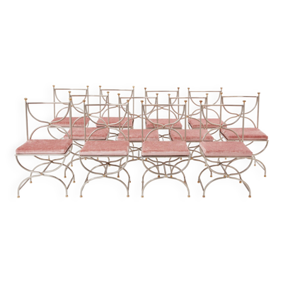 Rare set de 12 chaises acier laiton velours rose 1960 Maison Jansen