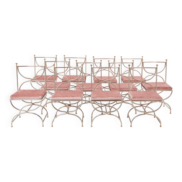 Rare set de 12 chaises acier laiton velours rose 1960 Maison Jansen