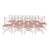 Rare set de 12 chaises acier laiton velours rose 1960 Maison Jansen