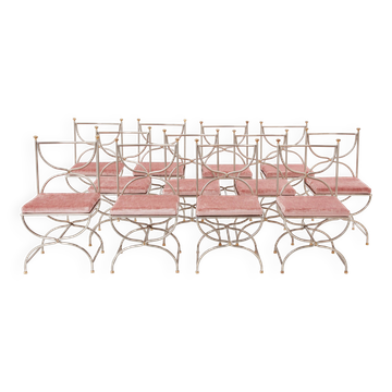 Maison Jansen rare set of 12 steel brass pink velvet chairs 1960