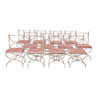 Maison Jansen rare set of 12 steel brass pink velvet chairs 1960