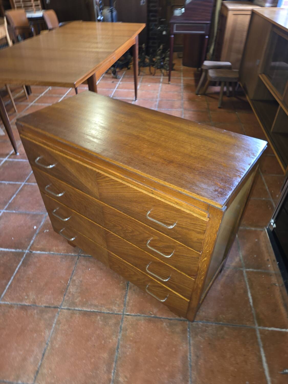 Vintage oak chest of drawers with herringbone patterns from the 1960s.