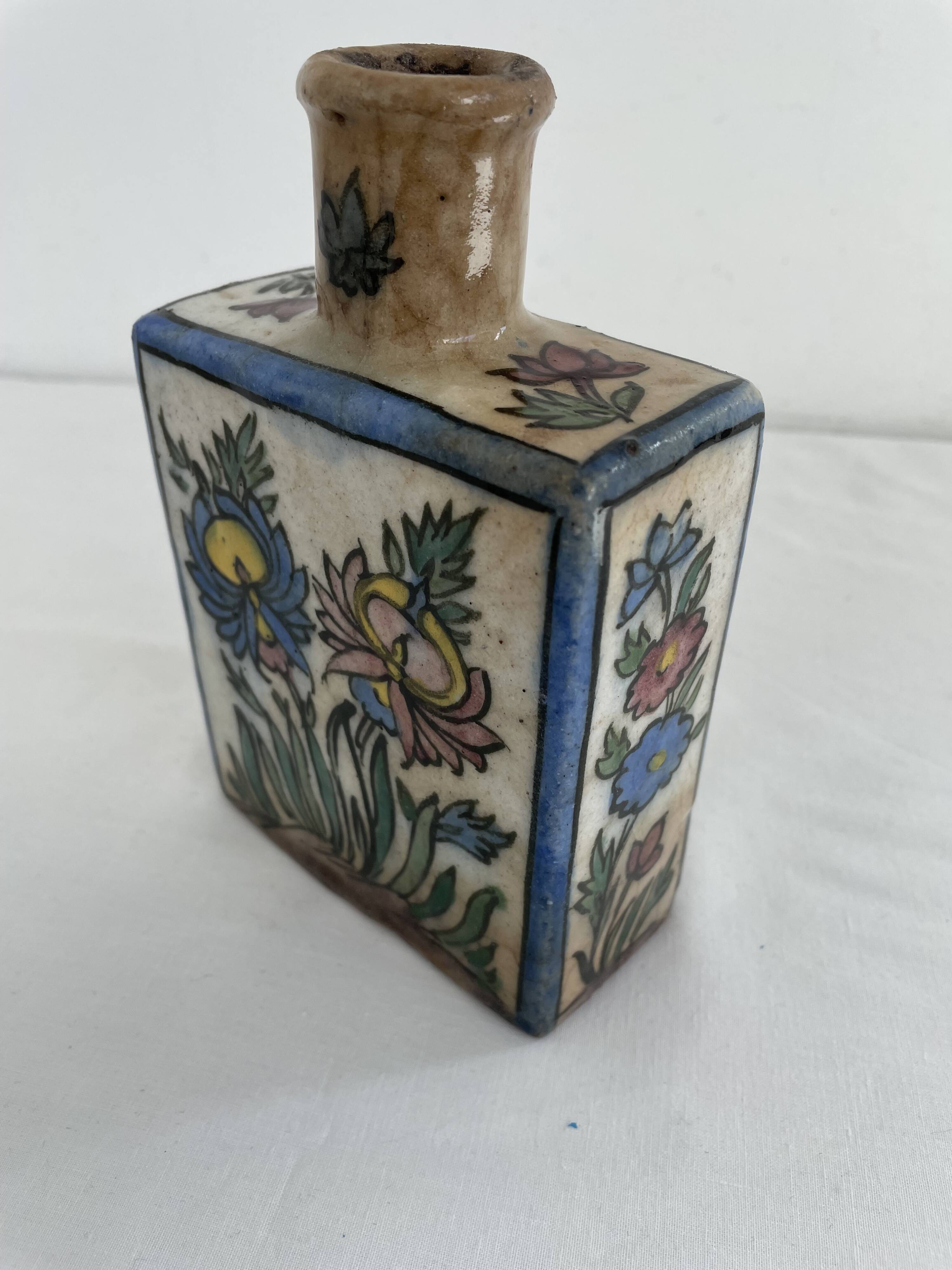 Persian bottle, antique vase with polychrome flower decoration, Kagjar style, antique ceramic