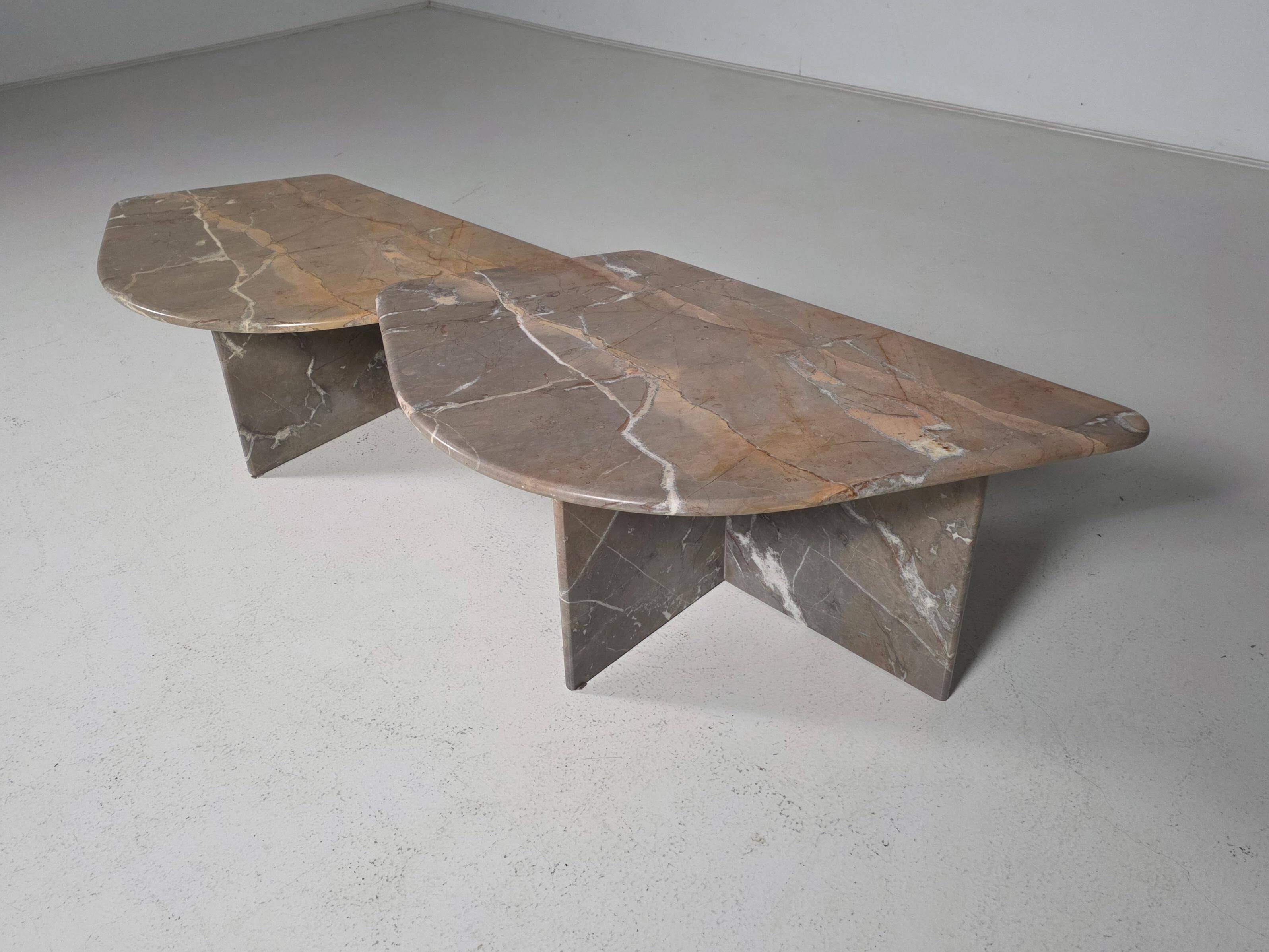Sculptural Italian coffee tables in Breccia marble, 1970.