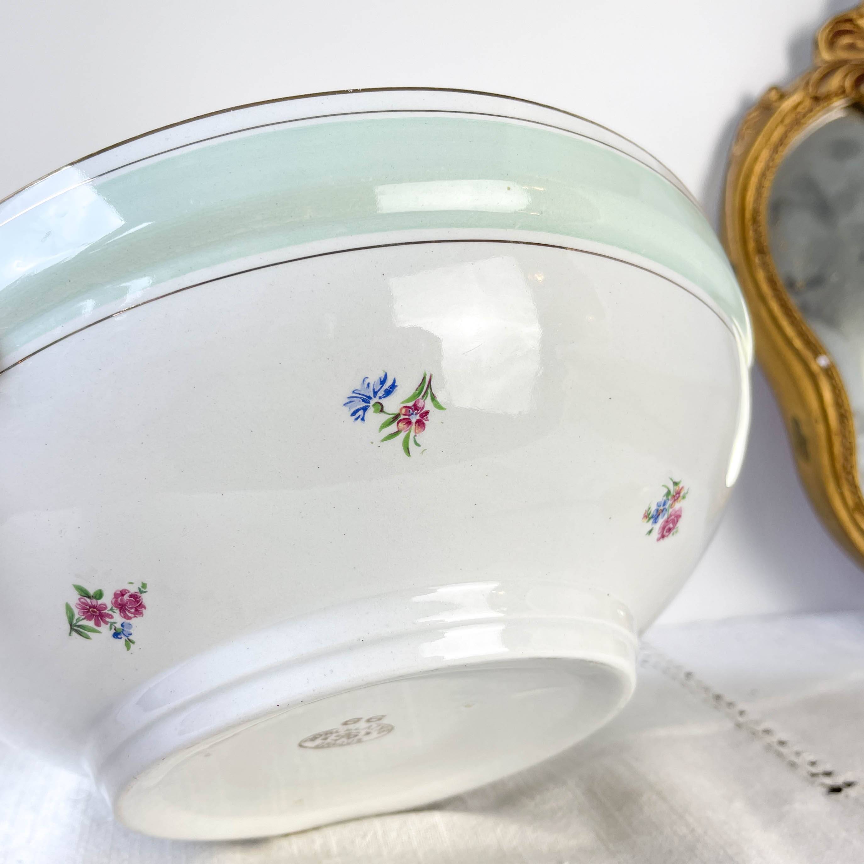 Vintage white and green floral porcelain salad bowl SALINS 66 from the 1950s