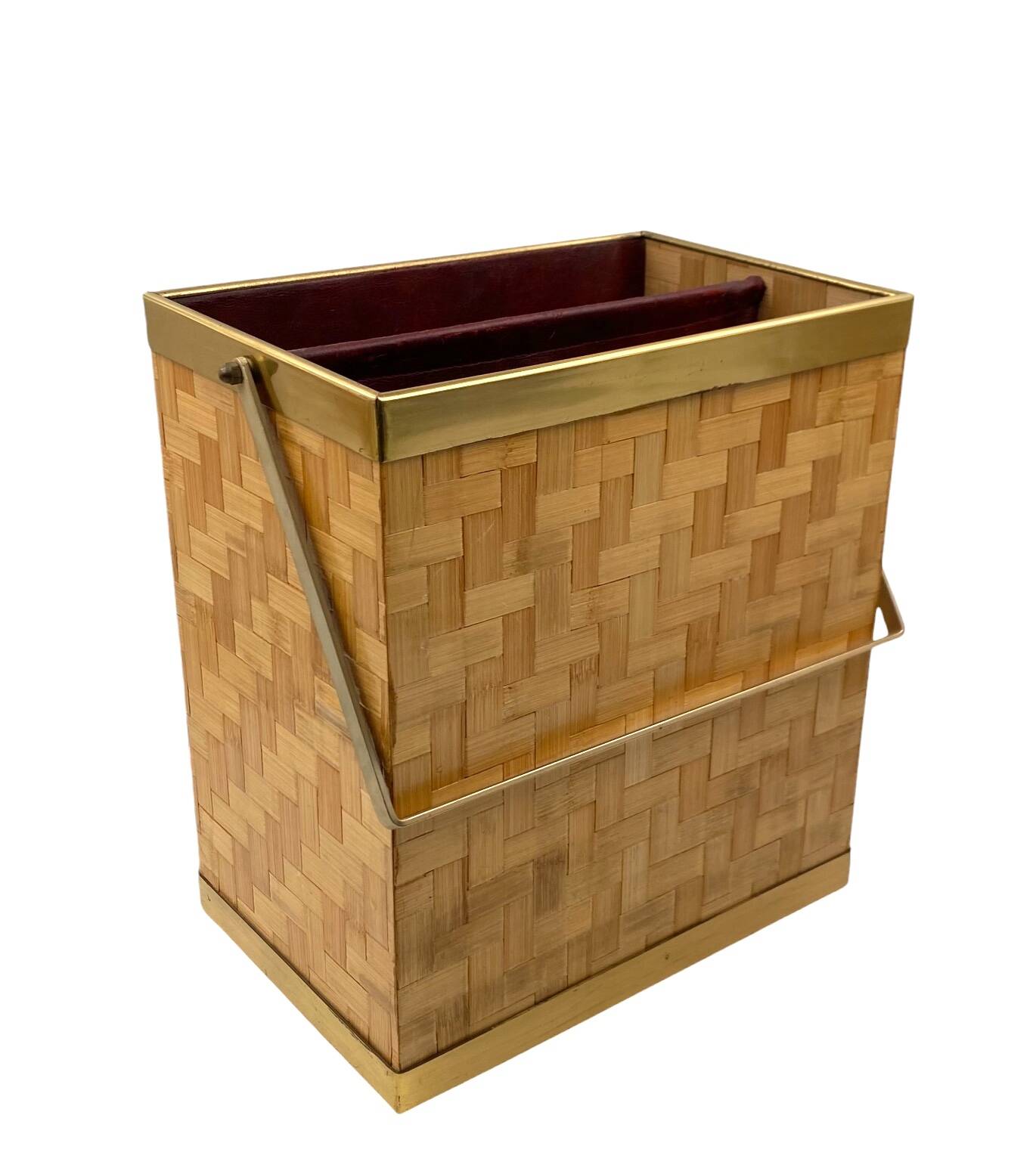 Hollywood regency brass and woven bamboo magazine rack, Metal Linea Nova Italy 1970