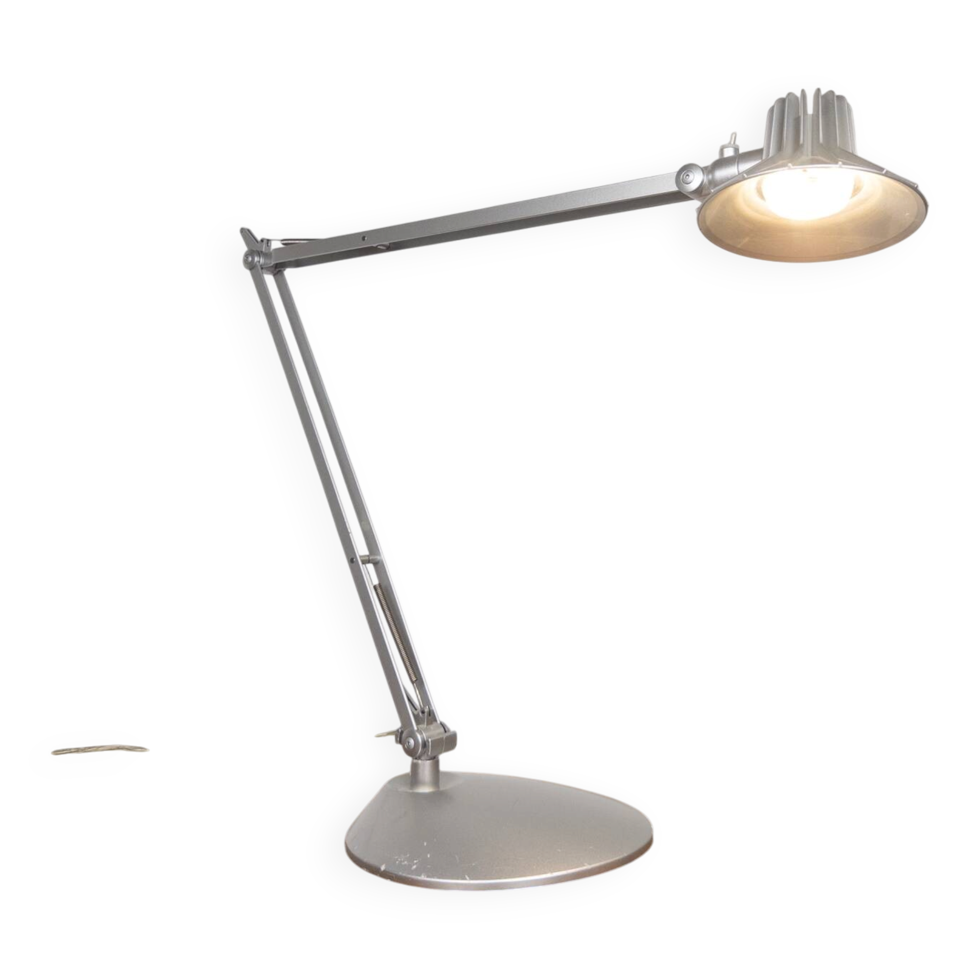 Grey LED architect lamp with spring arm and swivel base.