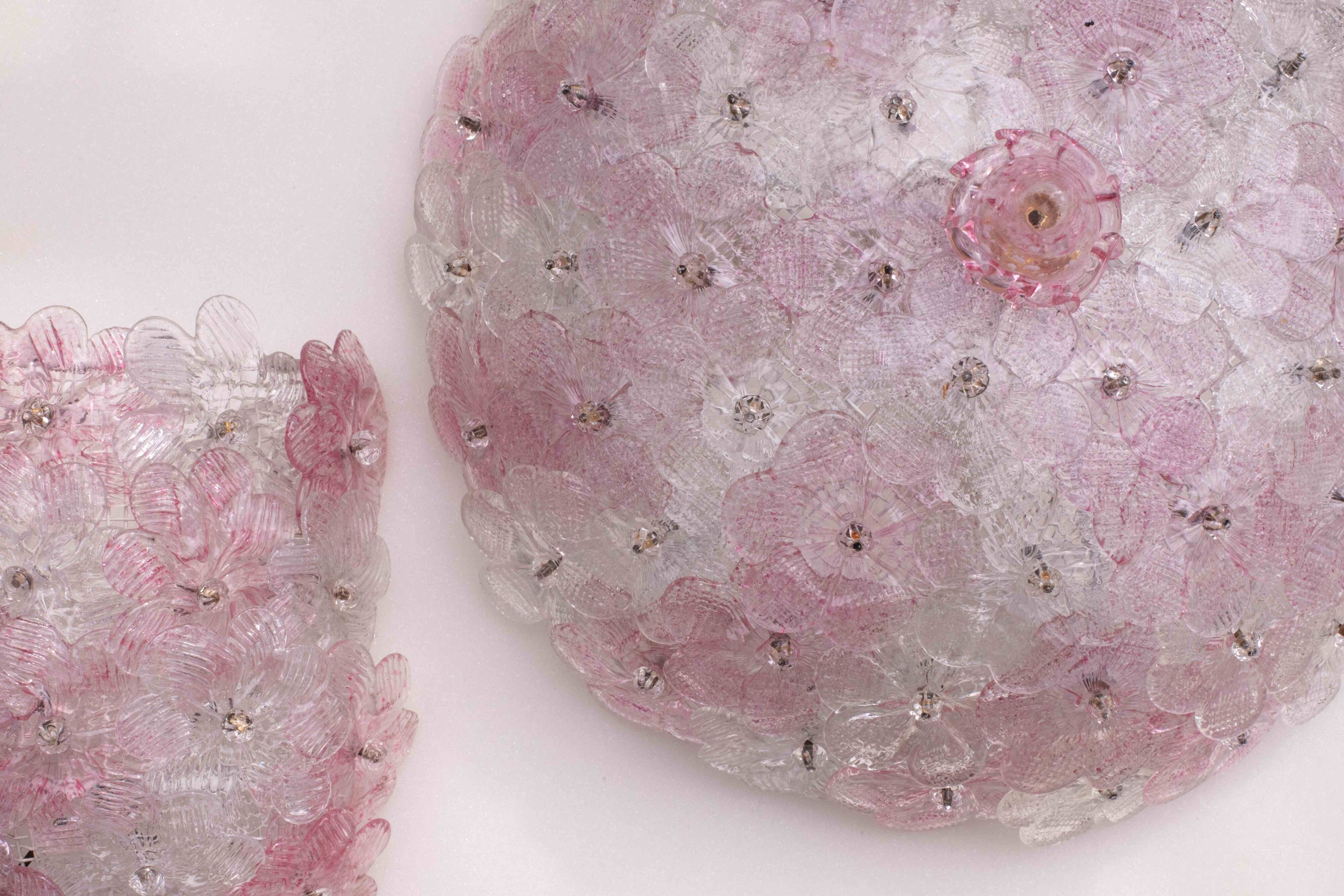 Set of Murano Ceiling Light and 2 Murano Wall Light Pink Flower by Seguso