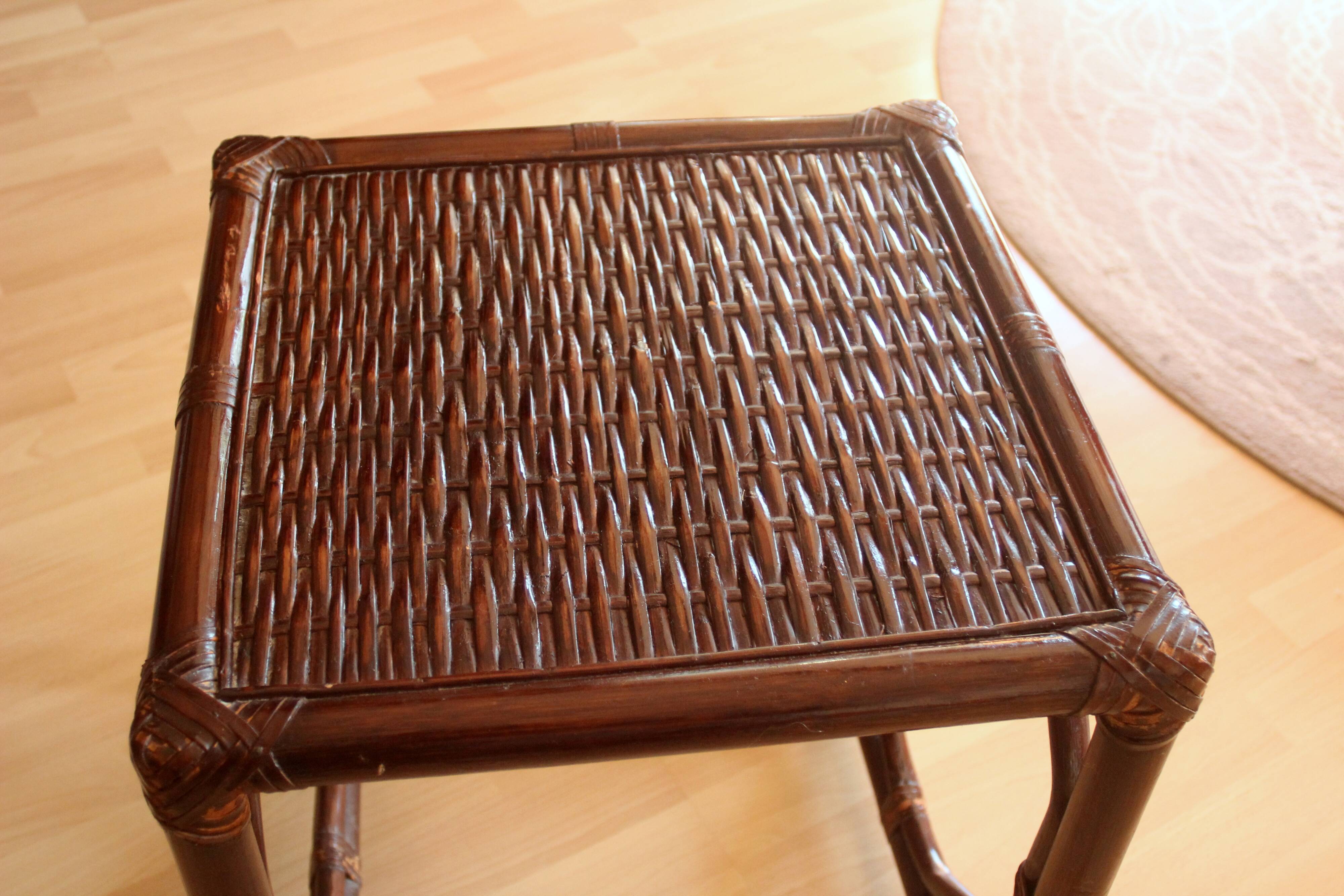 Small side table on rolls made of rattan, bamboo and wood, handmade Vintage