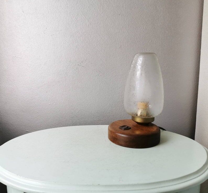 Vintage wooden table lamp with glass lampshade, 80s