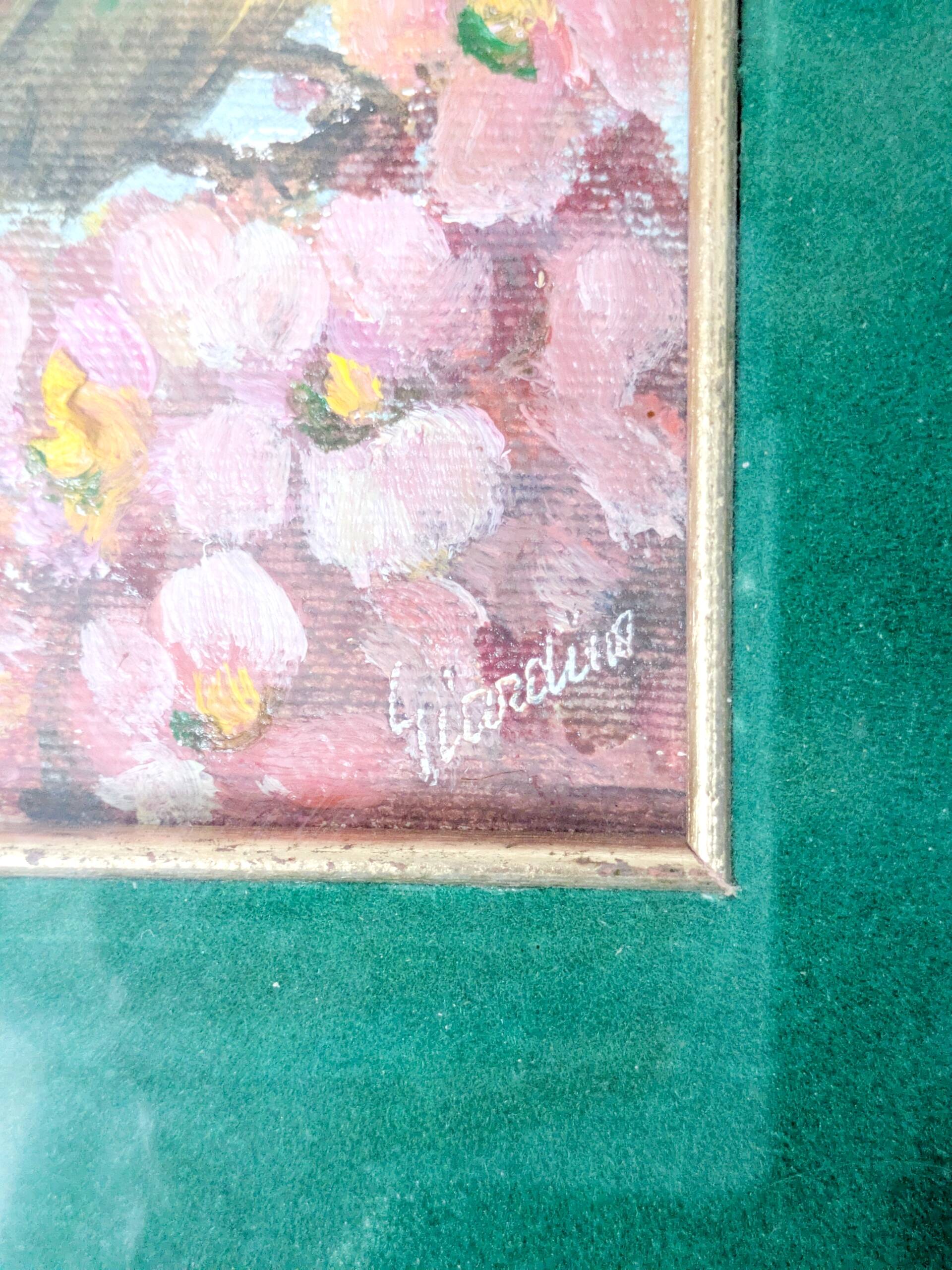 Vintage oil painting signed, robin, distressed frame.