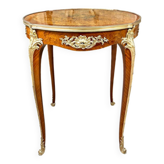 Pedestal table in marquetry and gilded bronzes, louis xv style, napoleon iii period