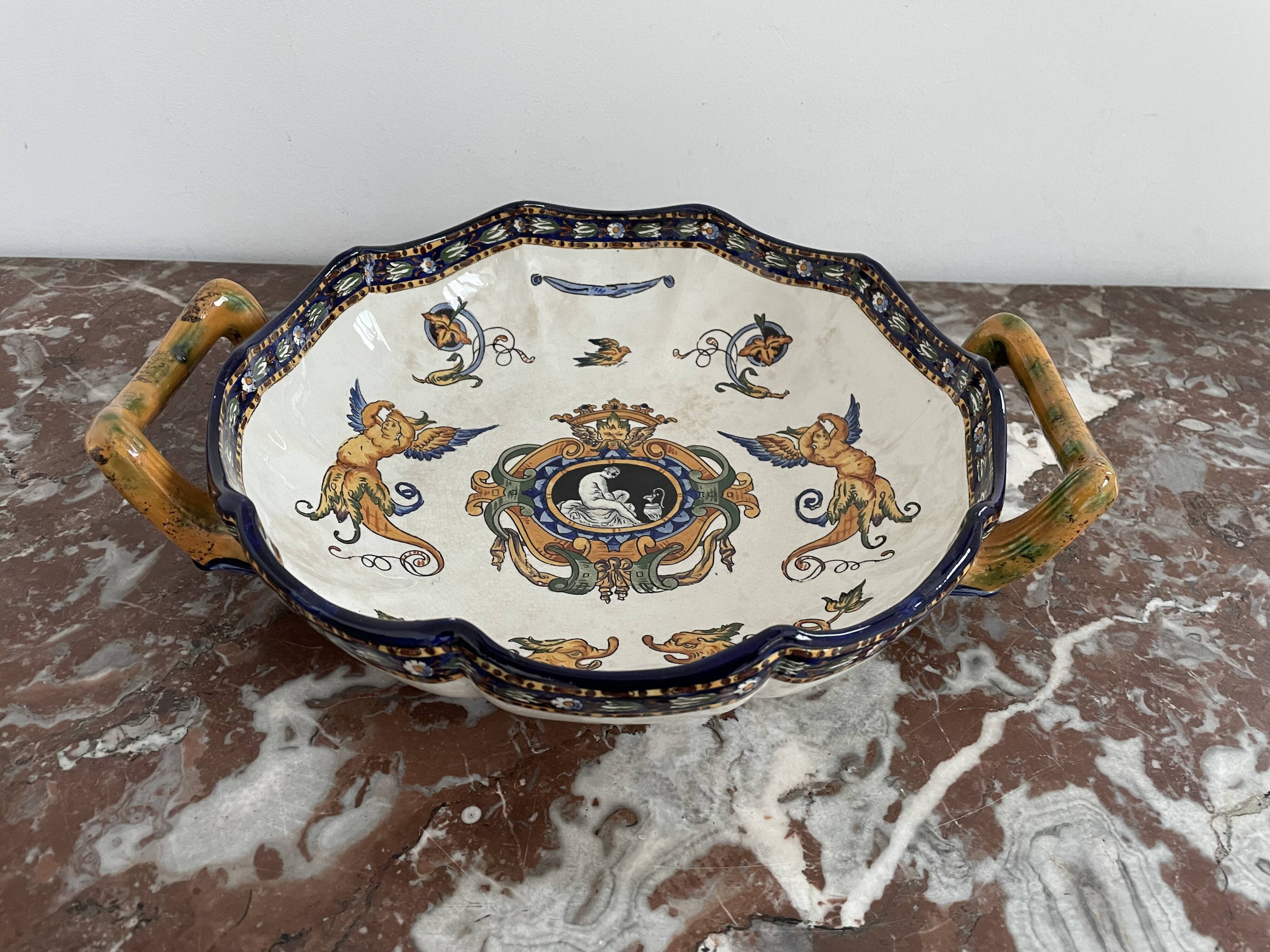 Antique, flat, bowler cup, centerpiece, Gien earthenware, nineteenth century, Renaissance décor