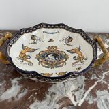 Antique, flat, bowler cup, centerpiece, Gien earthenware, nineteenth century, Renaissance décor