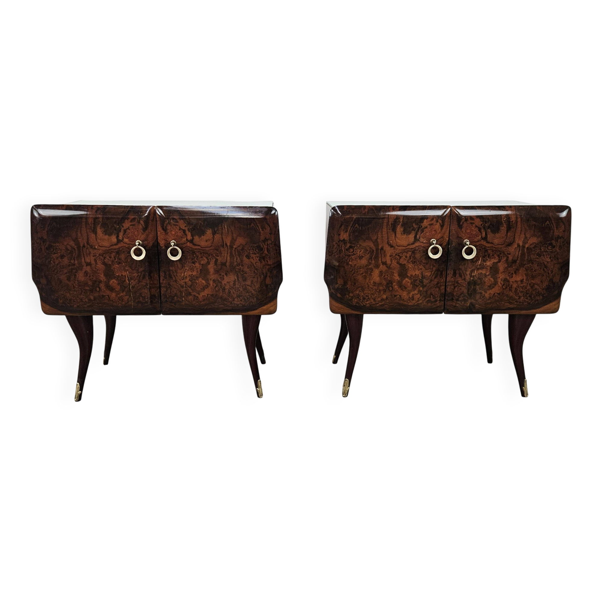 Mid-century mahogany bedside tables with mirrored tops.