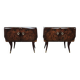 Mid-century mahogany bedside tables with mirrored tops.
