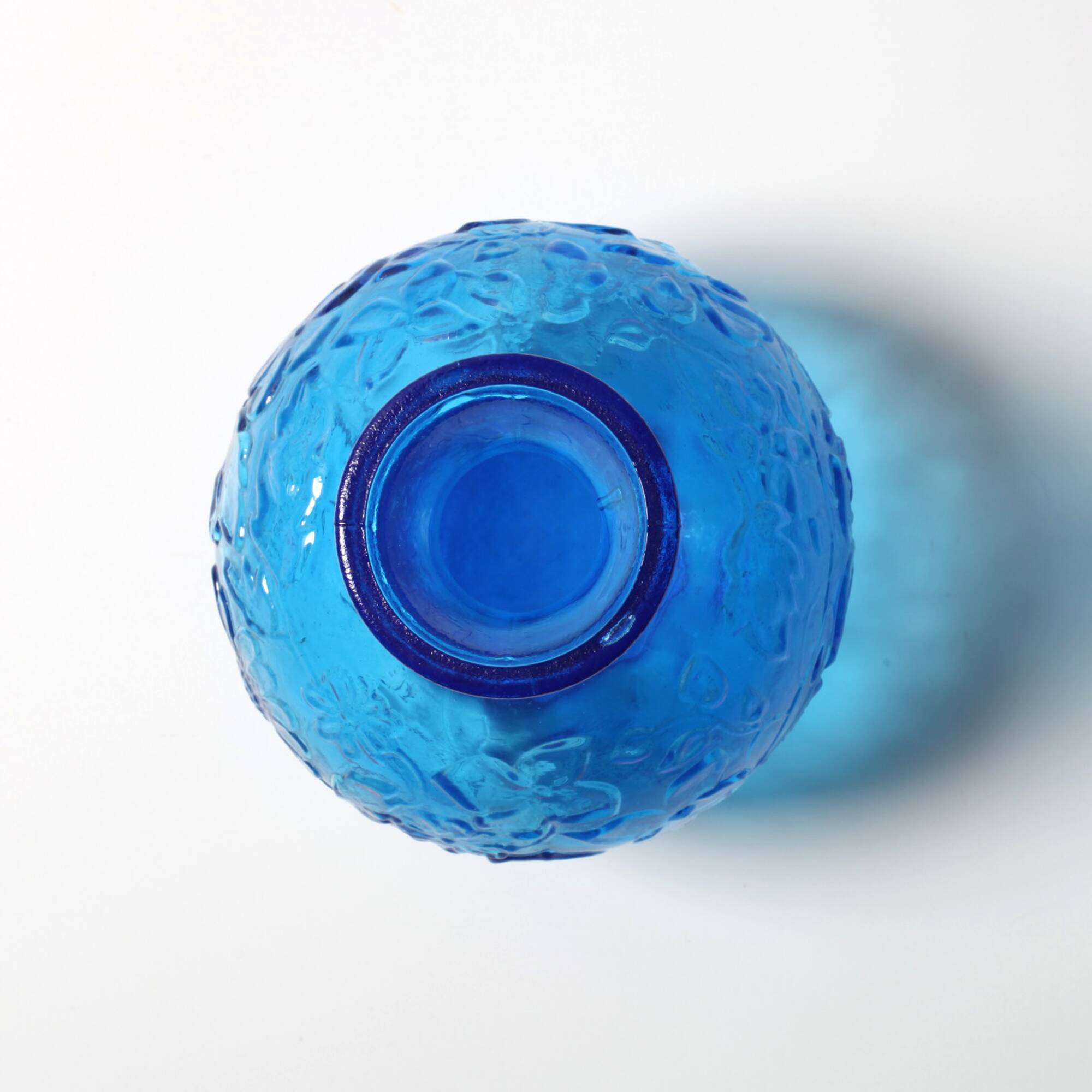 Vintage Small Blue Pressed Glass Vase with Flowers Pattern / Italy / 1960